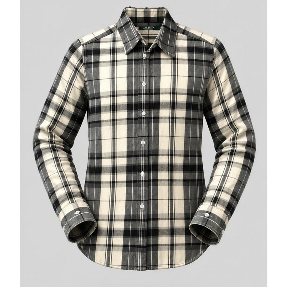 Lauren Ralph Lauren Button-Up Shirt Womens Size Small Plaid Black Cream Long